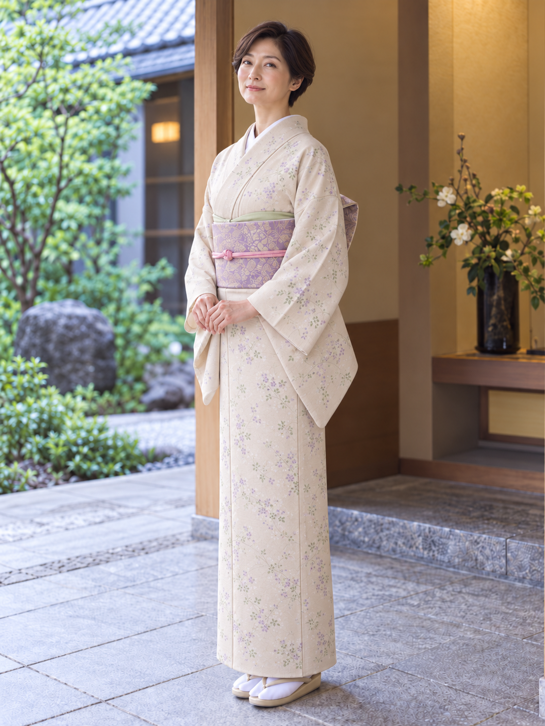 ベージュ着物に淡い帯 