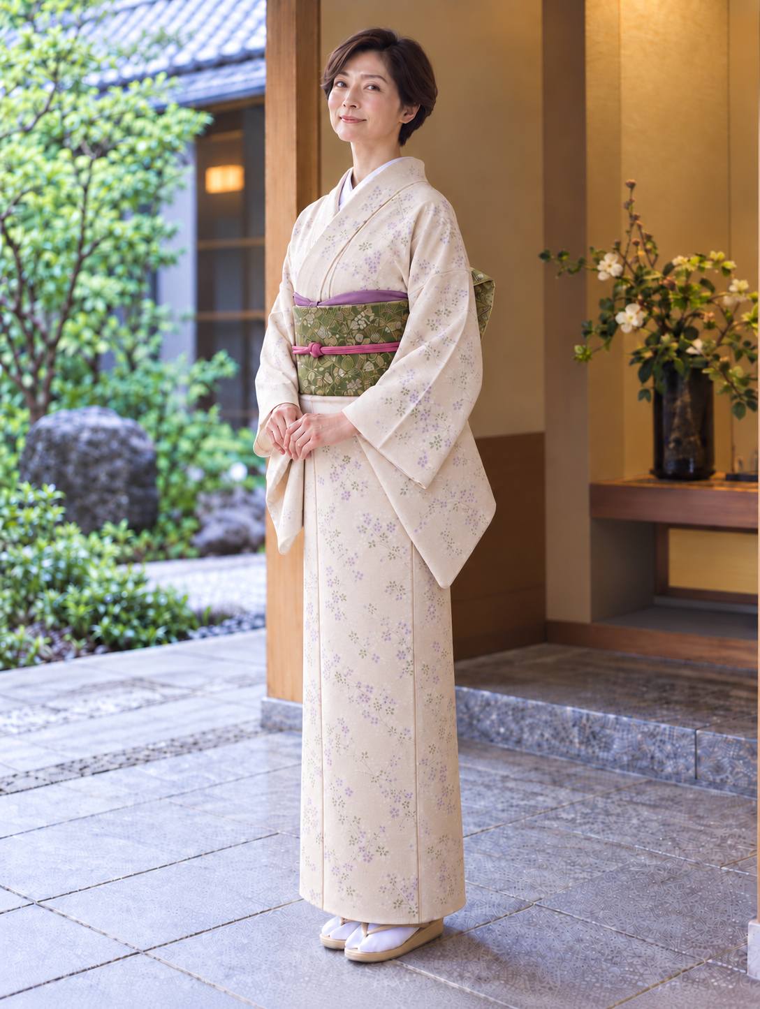 ベージュ着物に抹茶色帯 